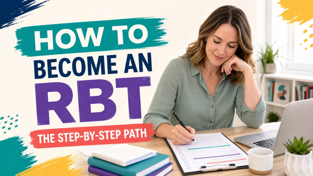 how to become an RBT checklist with a white adult learner reviewing certification steps