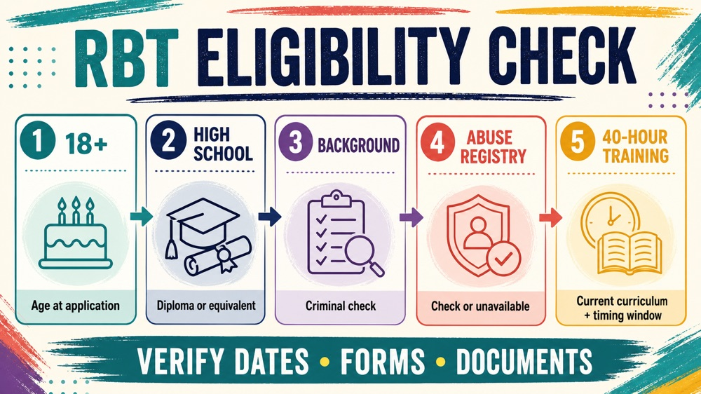 how to become an RBT eligibility and document checklist infographic