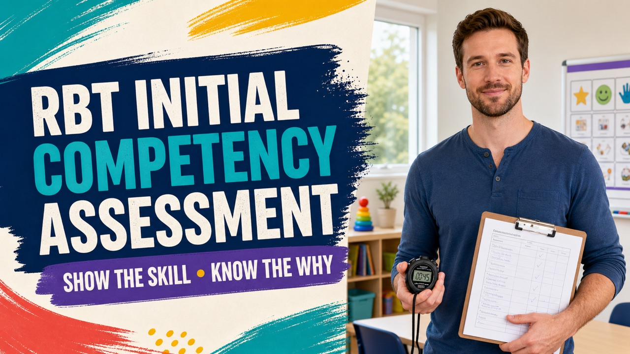 rbt initial competency assessment study guide with a white adult learner reviewing a checklist