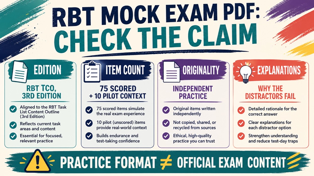RBT mock exam PDF edition and question count comparison infographic