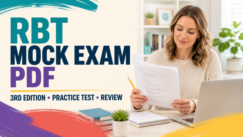 RBT mock exam PDF study guide with a white adult learner reviewing a practice packet