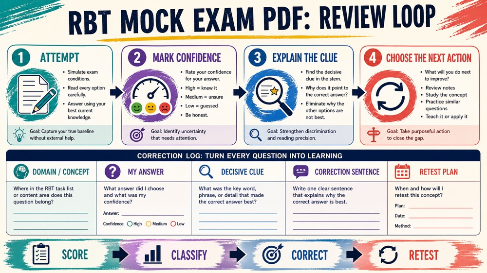 RBT mock exam PDF timed practice and correction log checklist infographic