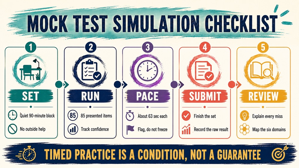 rbt mock test simulation map showing setup, pacing, submit, and review steps