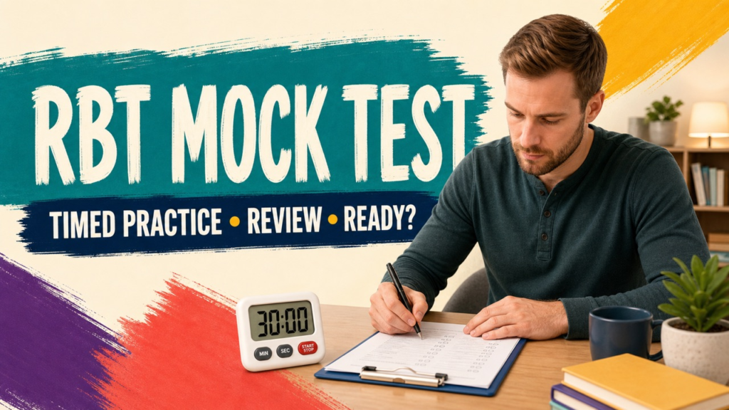 rbt mock test cover showing a white adult completing a timed practice exam