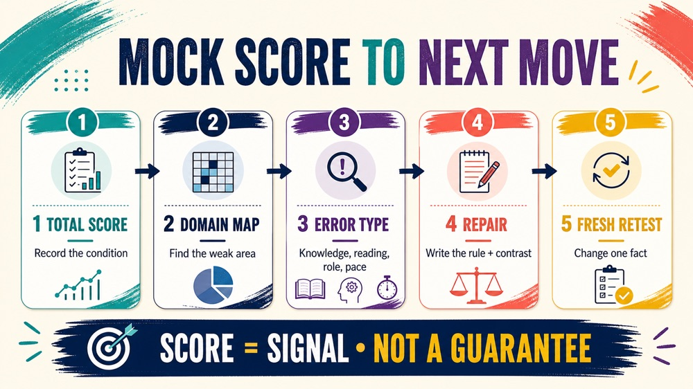 rbt mock test review loop showing score, domain map, error type, correction, and retest