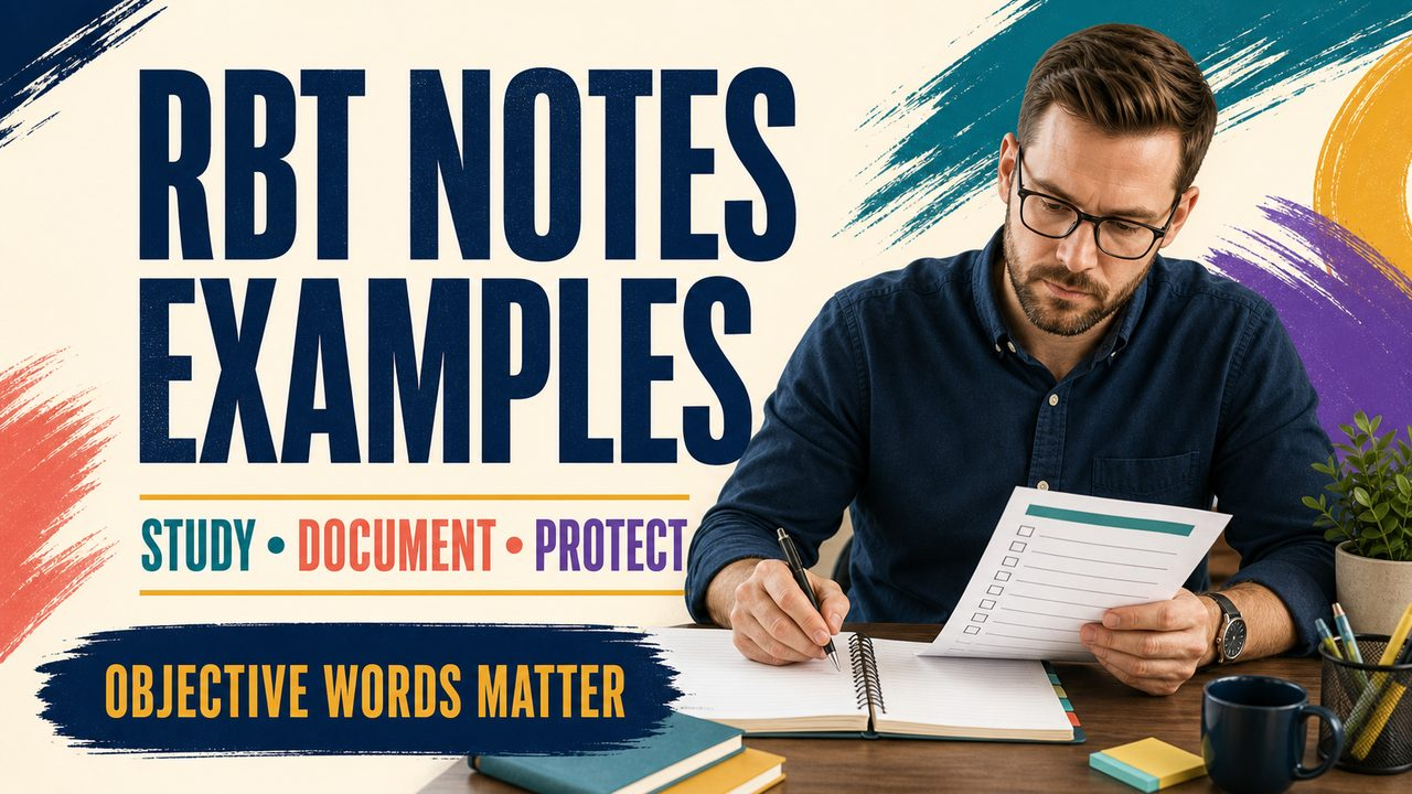 rbt notes examples cover showing a white adult organizing study notes and a fictional session-note checklist
