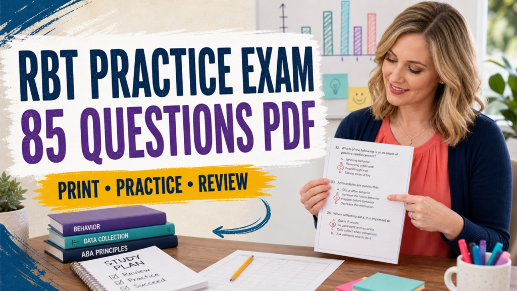 RBT practice exam 85 questions PDF cover with a white adult learner reviewing a printable study set