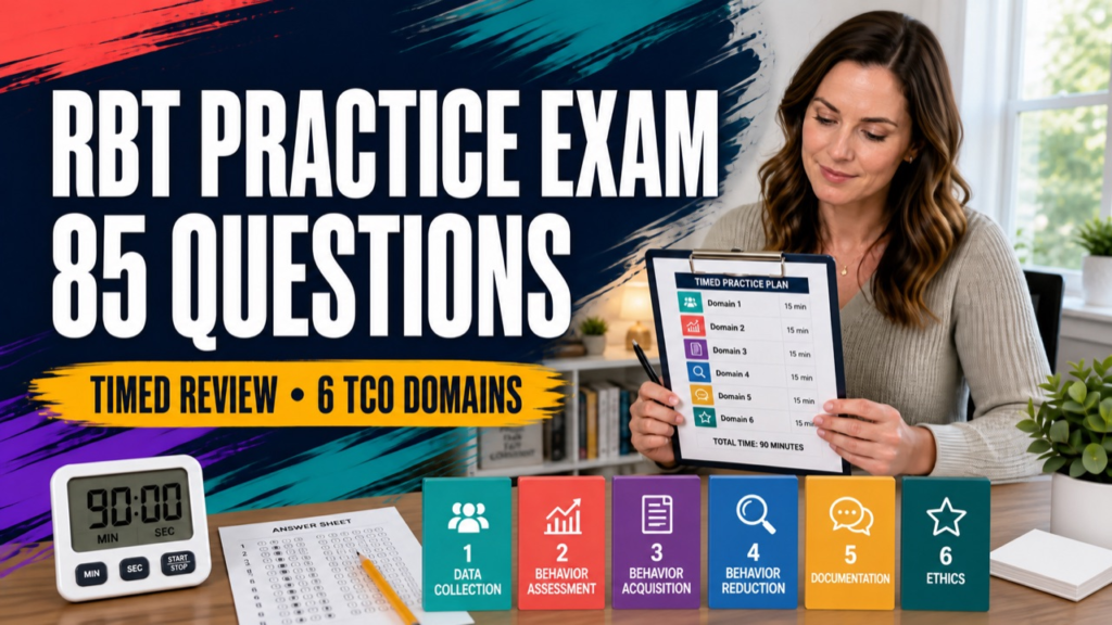 RBT practice exam 85 questions with a white adult learner reviewing a timed study plan