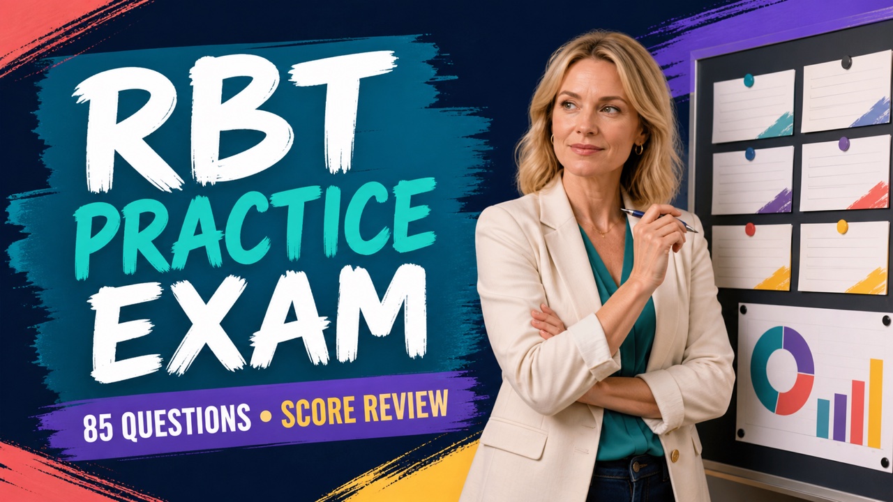 RBT practice exam 85 questions free with a white adult learner reviewing a full-length mock test