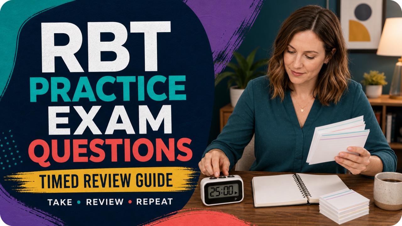 RBT practice exam questions with a white adult learner timing a review set