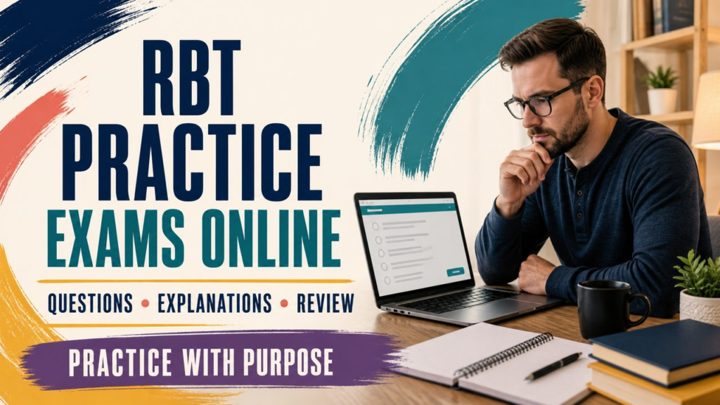 rbt practice exams online cover showing a white adult reviewing an online practice plan