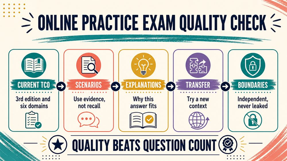 rbt practice exams online infographic showing version quality questions explanations and six domains