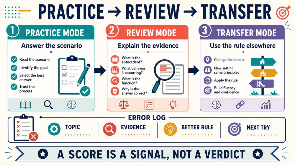 rbt practice exams online infographic showing practice review and transfer modes