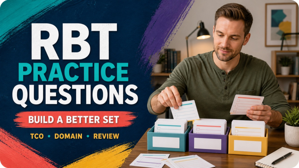 RBT practice questions with a white adult learner organizing answer choices