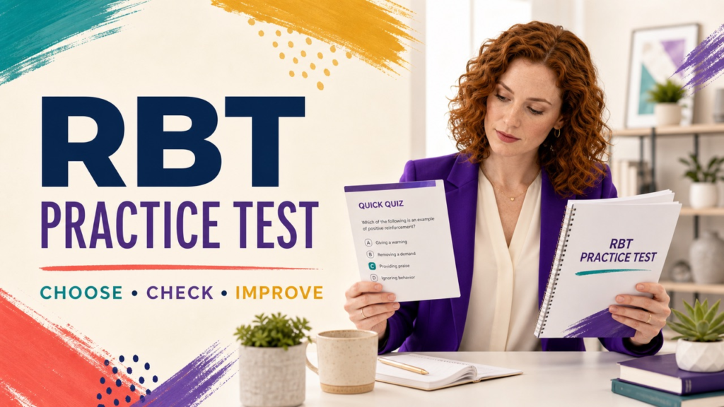 Registered behavior technician practice test cover with a white adult learner reviewing a colorful checklist