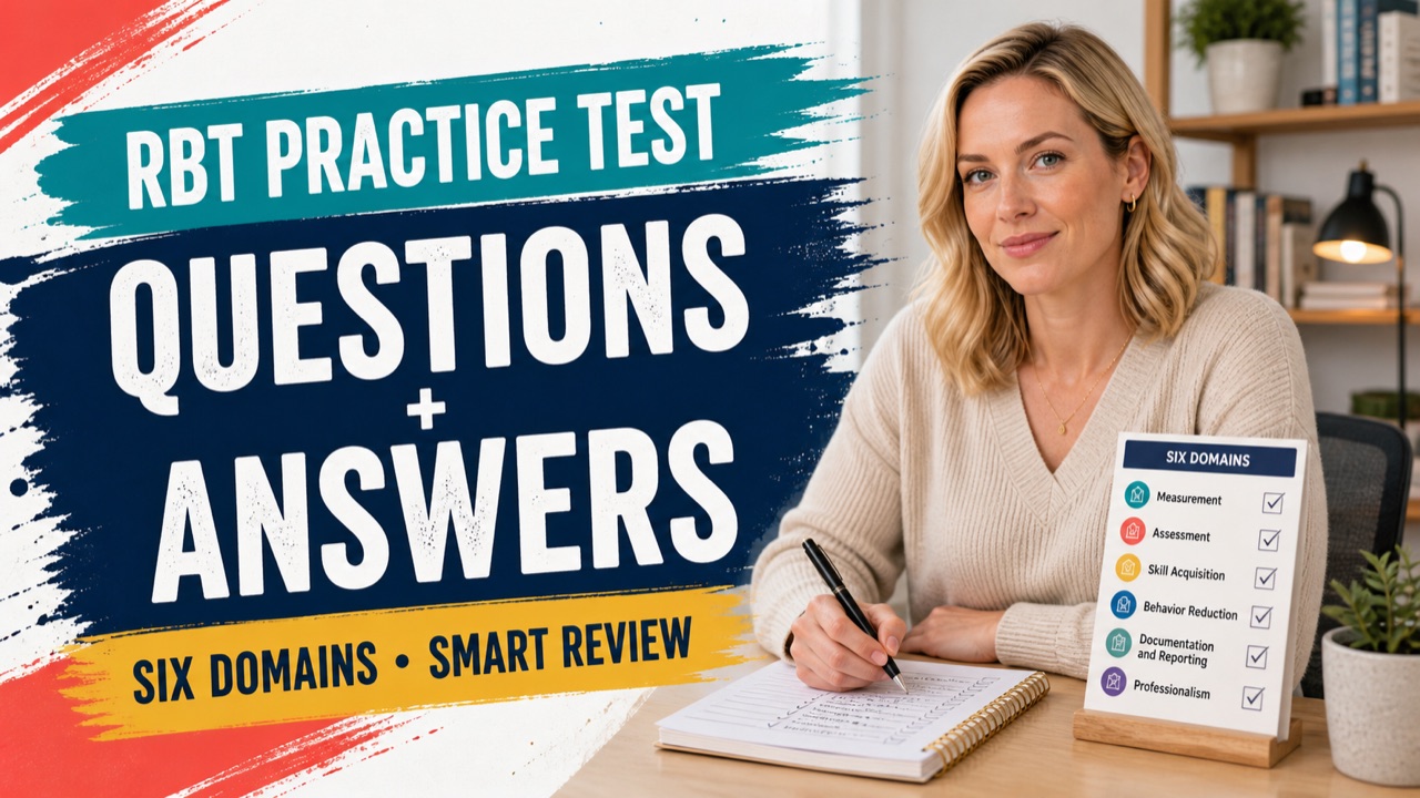 RBT practice test study session with a white adult learner reviewing a six-domain checklist