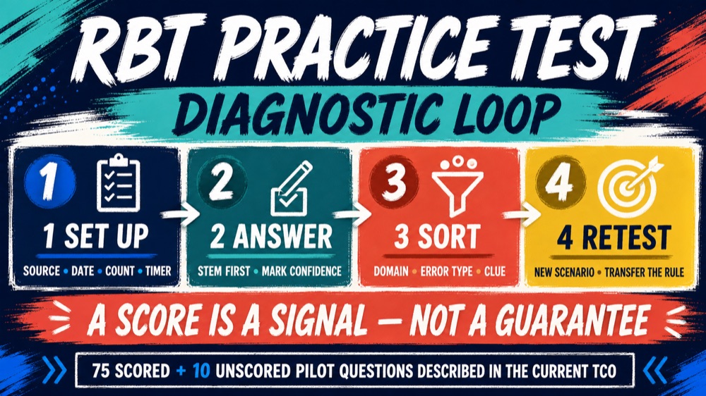 RBT practice test diagnostic map for setup, score, review, and retest