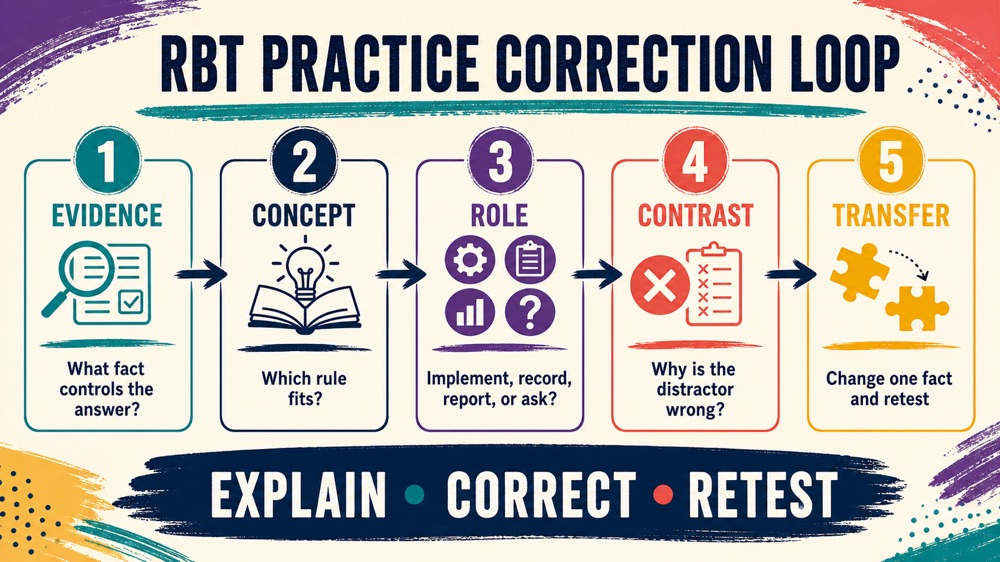 rbt practice correction workflow showing evidence, concept, role, contrast, and transfer