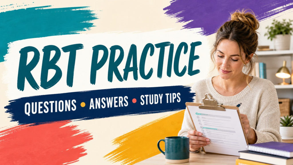 rbt practice cover showing a white adult reviewing original practice questions
