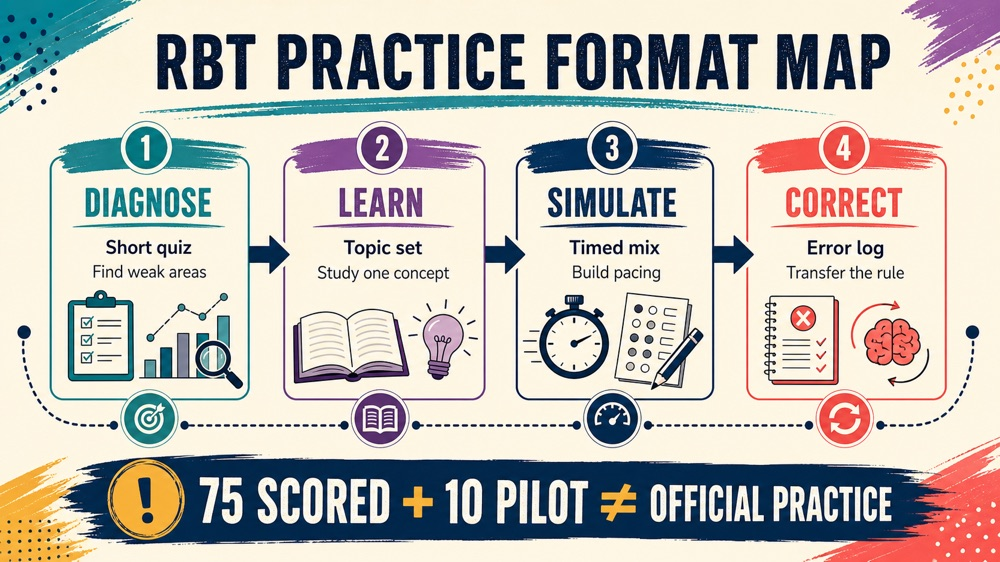 rbt practice format map showing diagnose, learn, simulate, and correct study modes