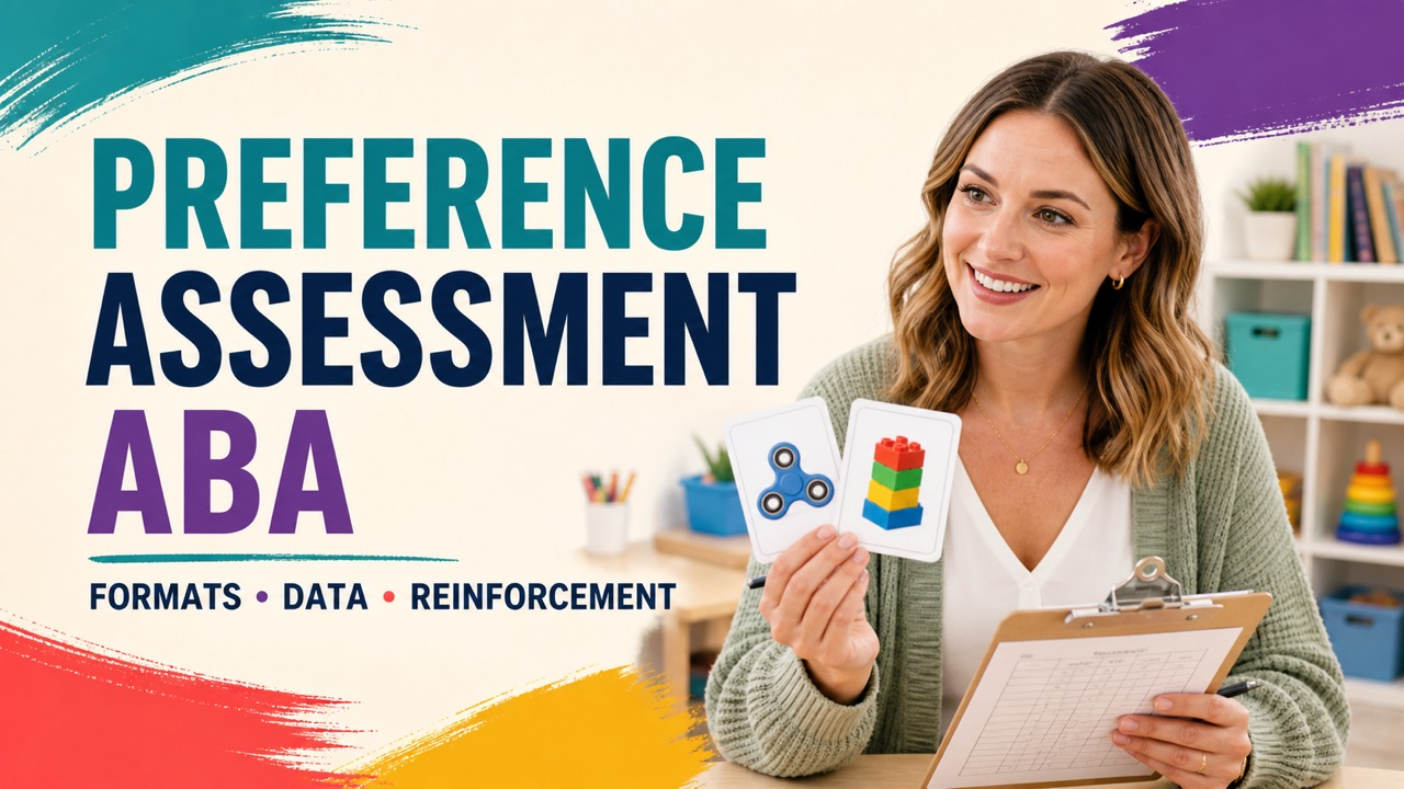 preference assessment ABA study guide with a white adult learner reviewing choice data