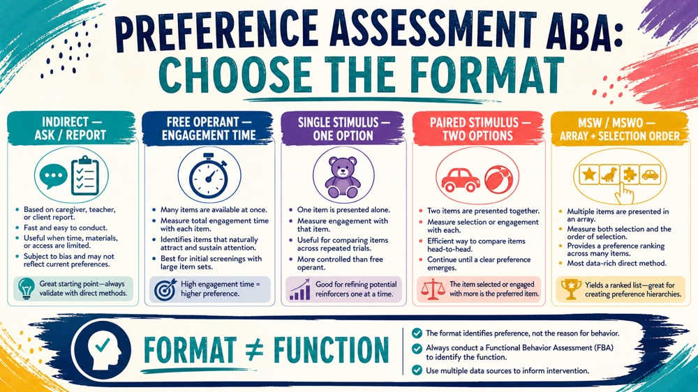 preference assessment ABA formats comparison infographic