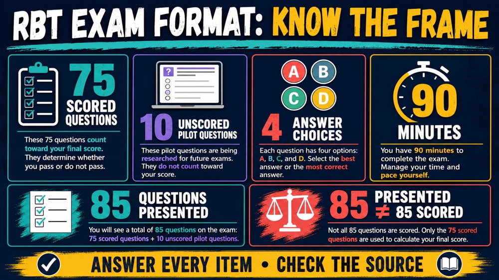 How many questions are on the RBT exam official format chart with scored and pilot questions