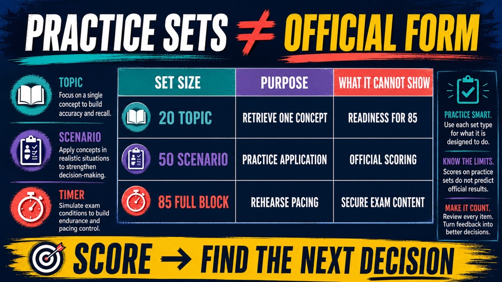 How many questions are on the RBT exam practice set comparison and correction workflow