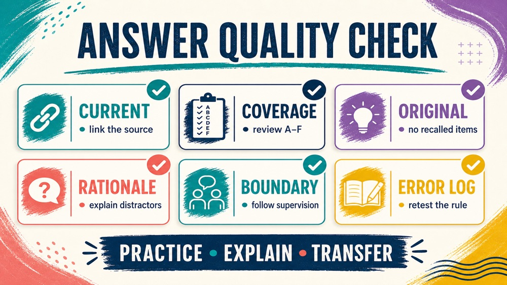 rbt questions infographic showing an answer quality and study readiness checklist