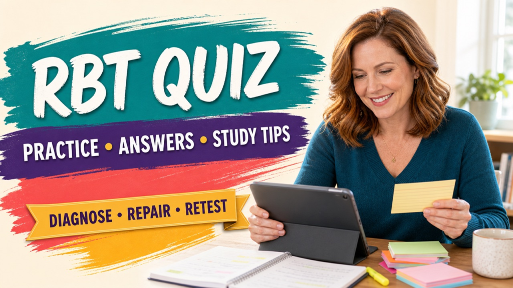 rbt quiz cover showing a white adult learner reviewing a colorful practice question and study checklist