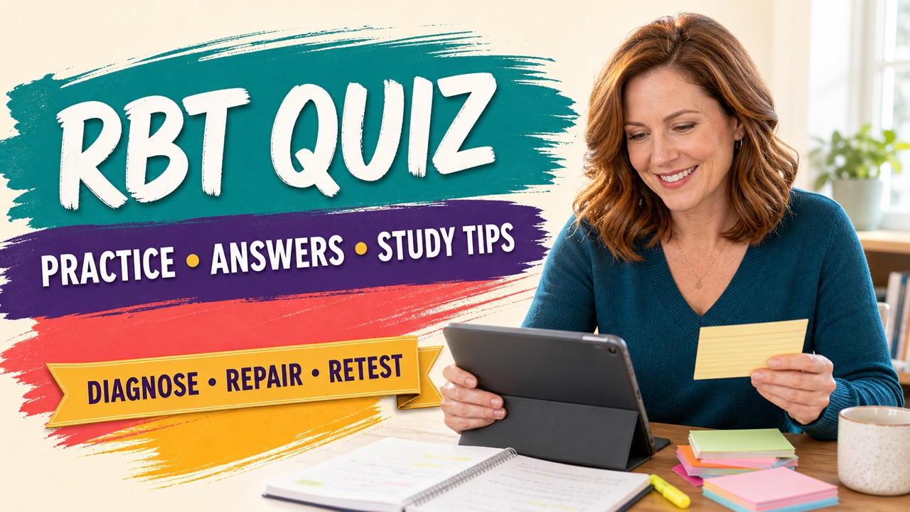 rbt quiz cover showing a white adult learner reviewing a colorful practice question and study checklist