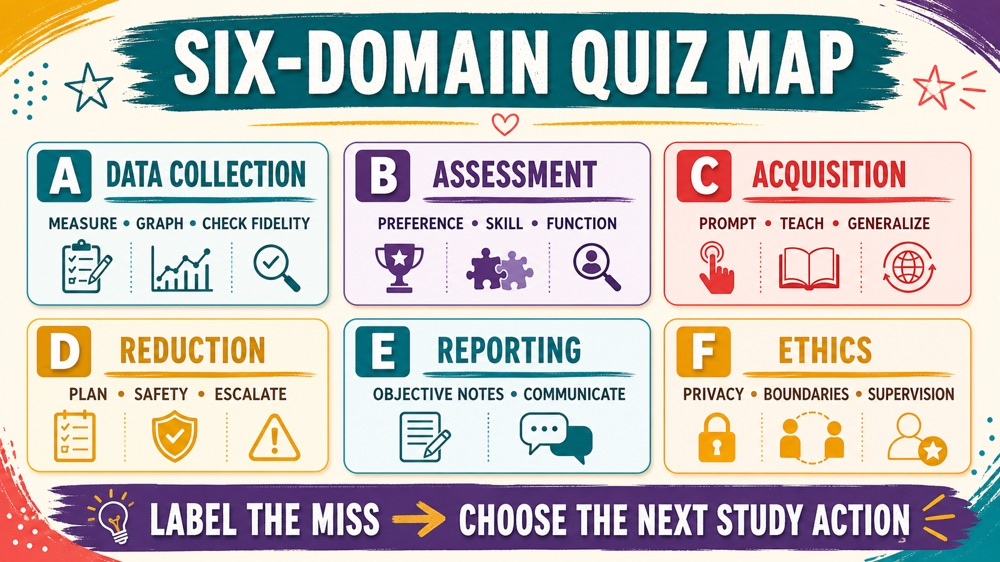 rbt quiz infographic showing six RBT domains and how to turn missed questions into study actions