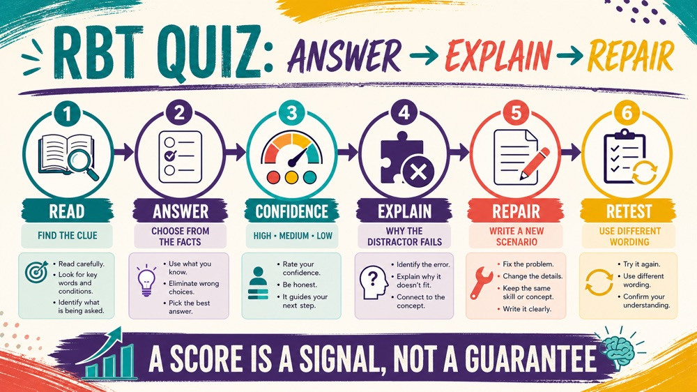 rbt quiz infographic showing a six-step answer review and repair workflow