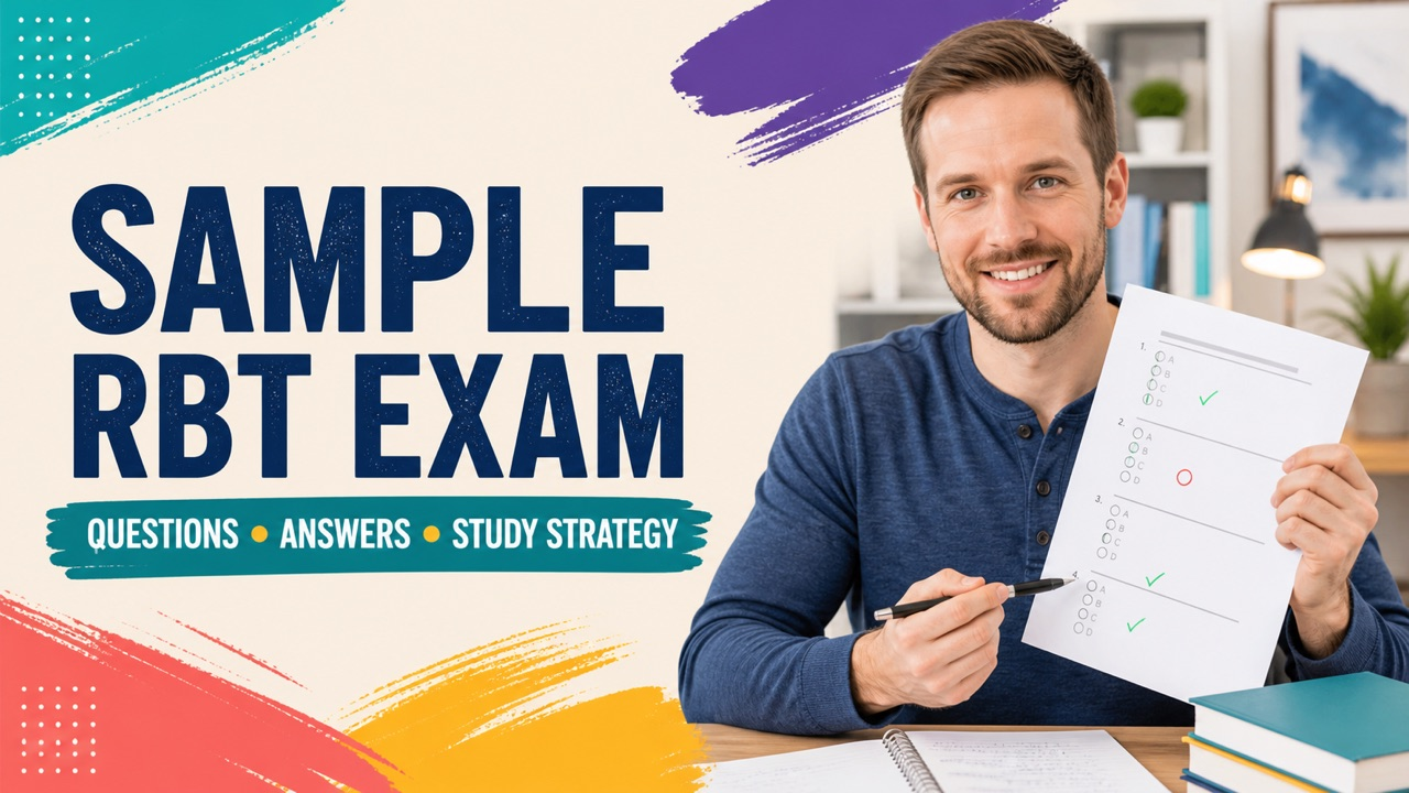 sample RBT exam study guide with a white adult learner reviewing practice questions