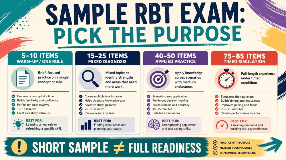 sample RBT exam length and purpose comparison infographic