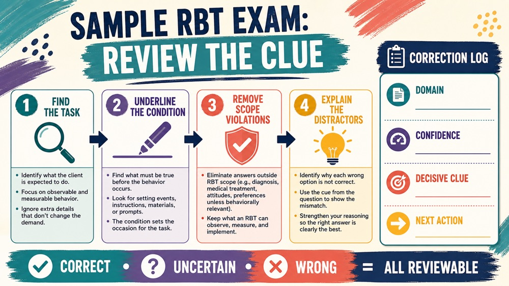 sample RBT exam correction loop and six-domain study map infographic