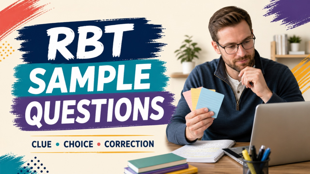 RBT sample questions cover with a white adult learner reviewing clue and answer cards