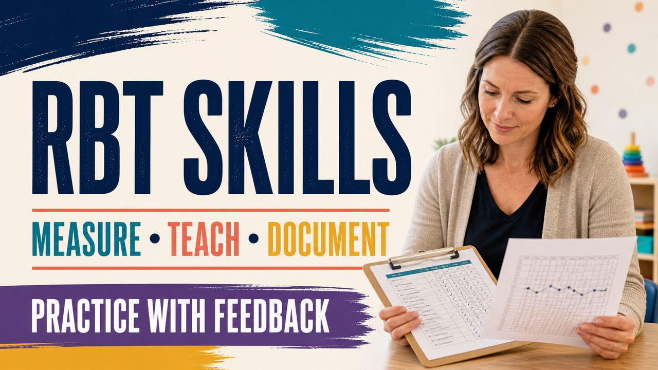 rbt skills cover showing a white adult practicing behavior technician skills with a checklist