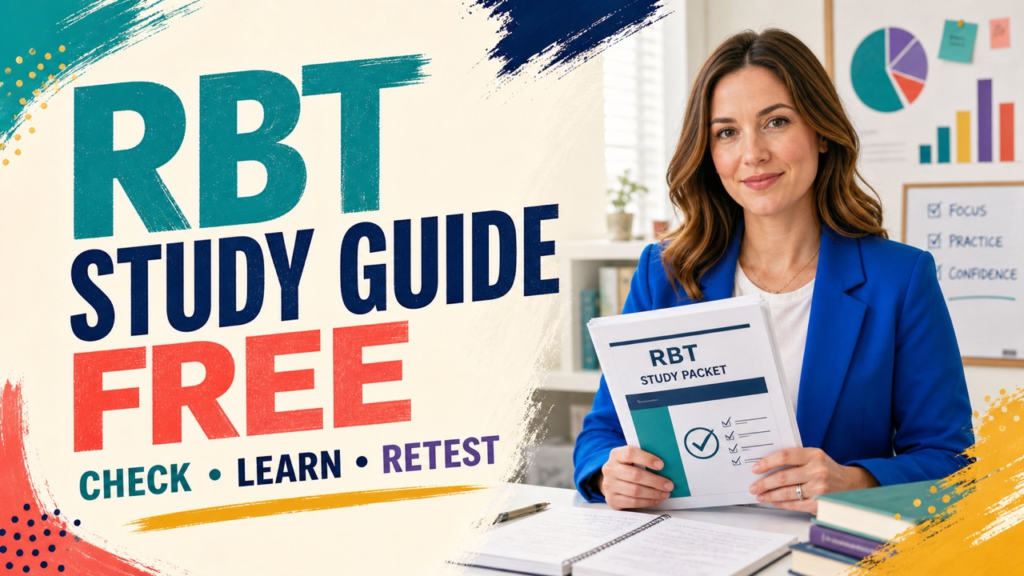 RBT study guide free cover with a white adult learner reviewing a colorful study plan