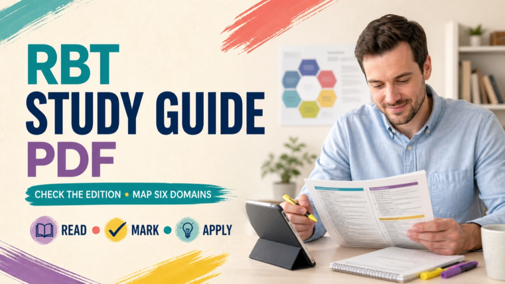 RBT study guide PDF with a white adult learner reviewing a printed study guide
