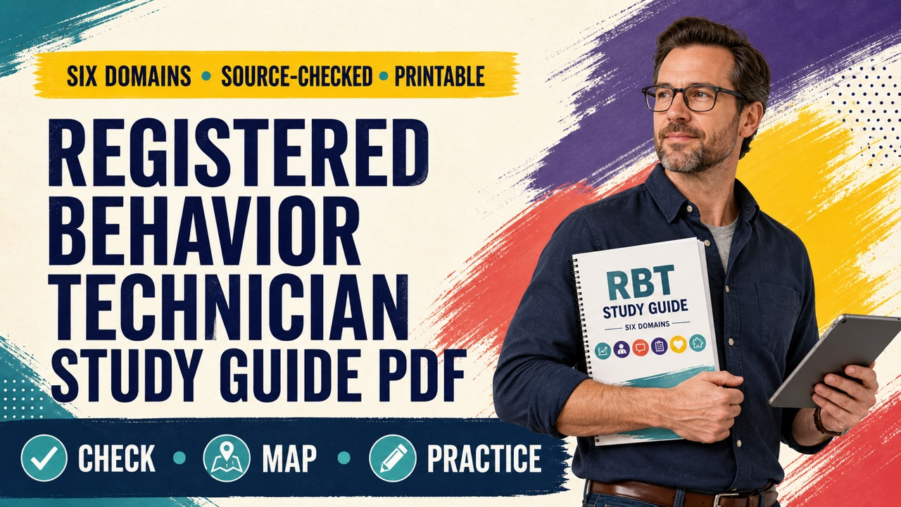 Registered behavior technician study guide PDF with a white adult learner reviewing printed notes