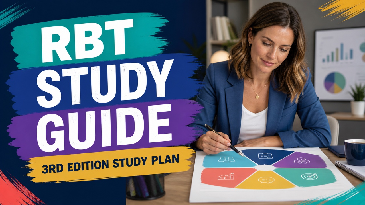 RBT study guide with a white adult learner reviewing a six-domain exam map