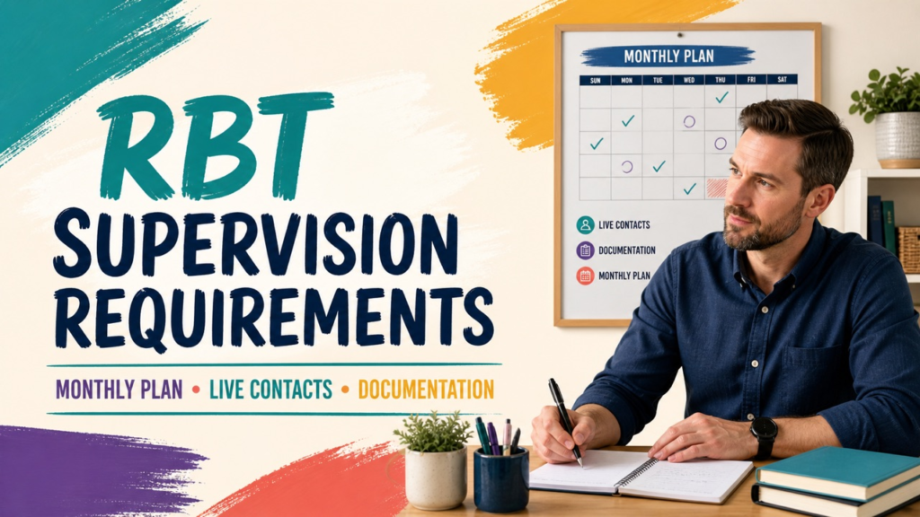 rbt supervision requirements cover showing a white adult reviewing a monthly supervision plan
