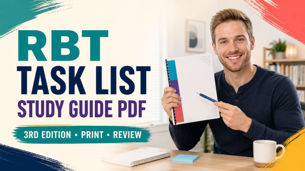 RBT task list study guide PDF with a white adult learner annotating a printed study packet