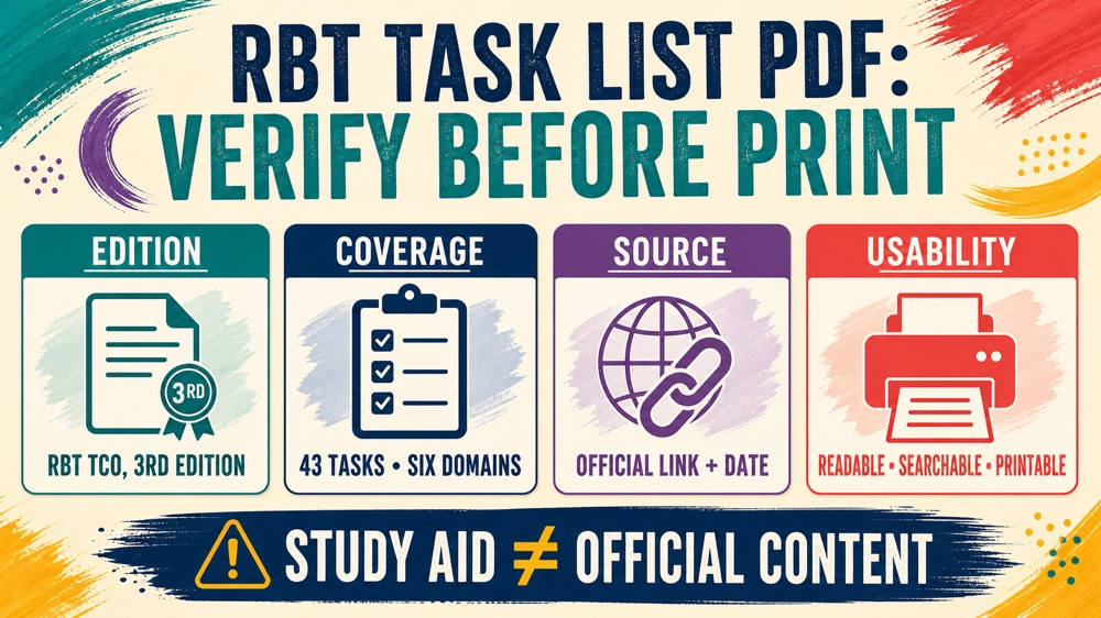 RBT task list study guide PDF edition and 43-task coverage checklist infographic