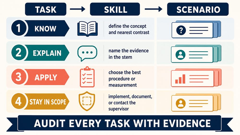 registered behavior technician task list infographic showing how to turn a task into a skill scenario and scope check