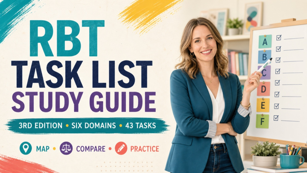 RBT task list study guide with a white adult learner mapping study notes