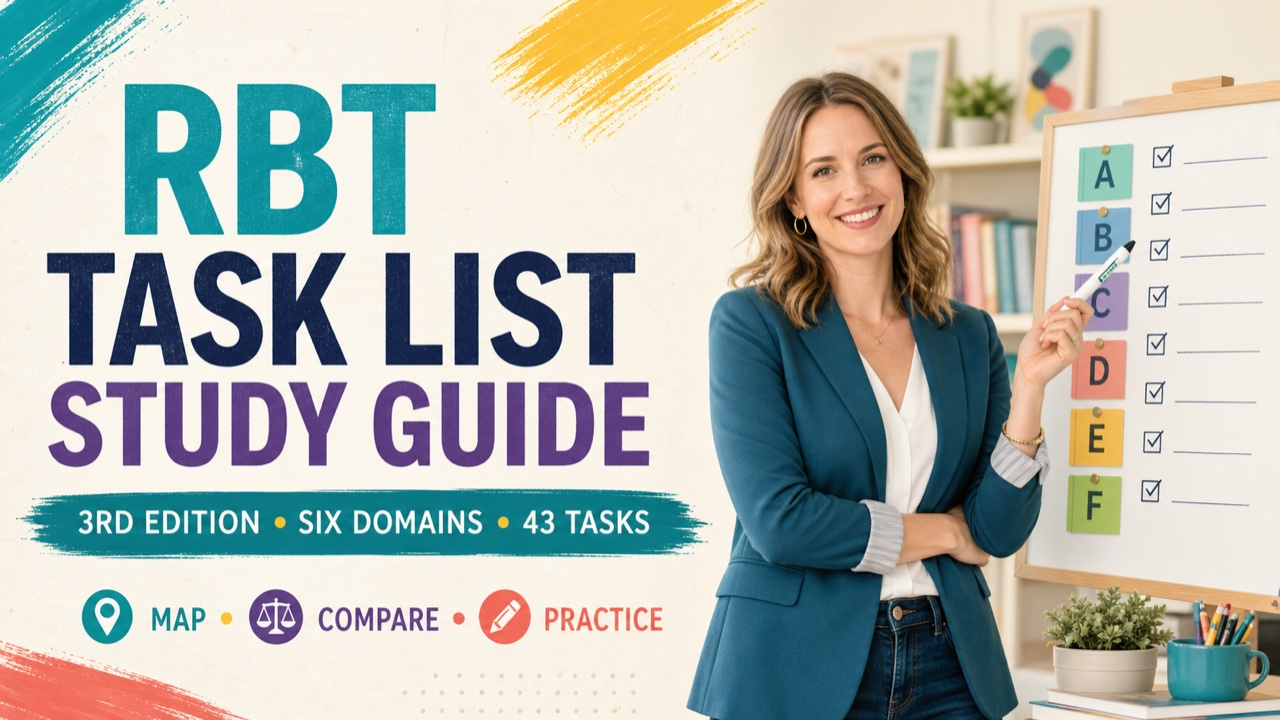 RBT task list study guide with a white adult learner mapping study notes