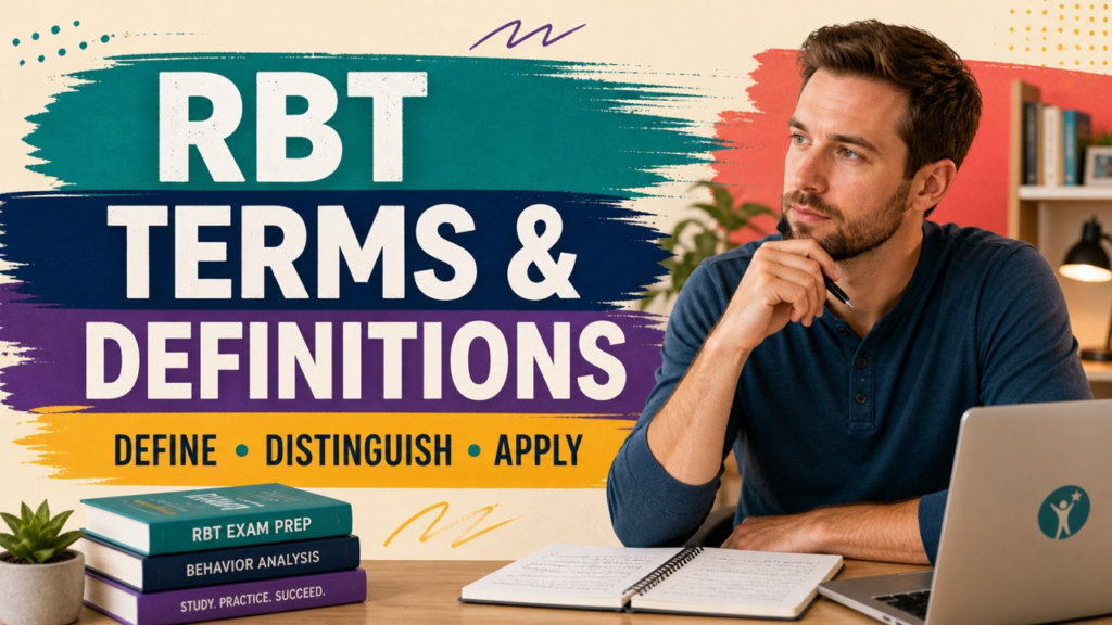 RBT terms and definitions cover with a white adult reviewing a current glossary