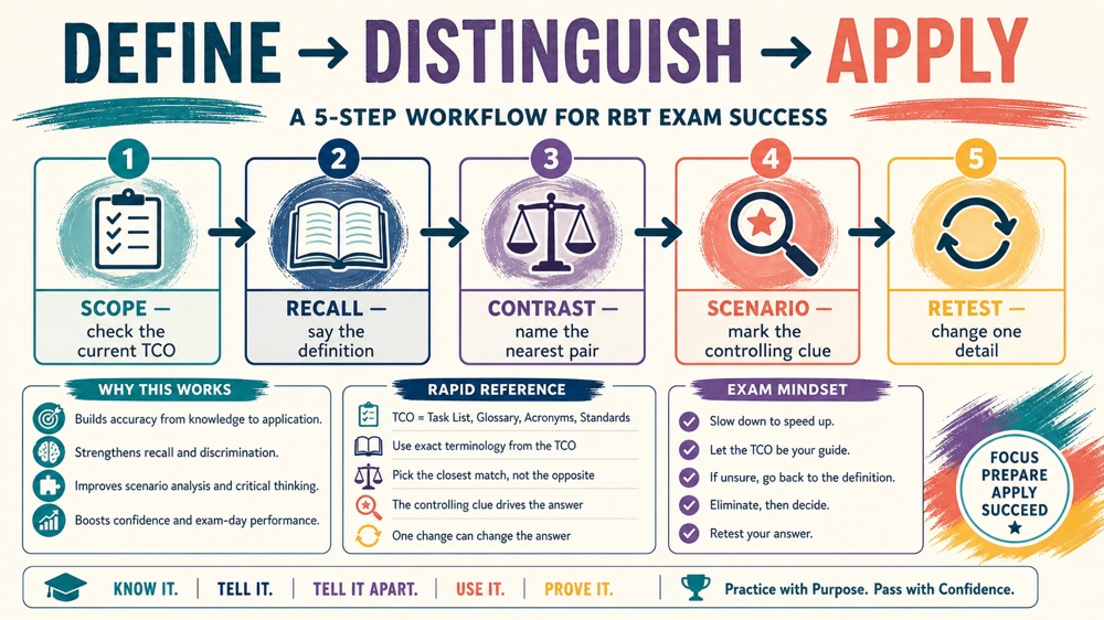 RBT terms and definitions workflow from recall to contrast, scenario, correction, and retest